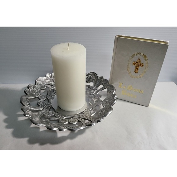 Vintage Ornate 9x9' Candle Holder Plate Silver Decorative Accent Centerpiece - Picture 1 of 11
